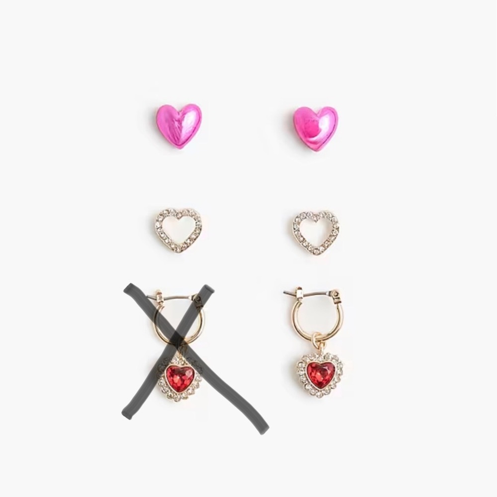 NWT Crewcuts Girls' heart earrings set-of-three one out of six earrings missing